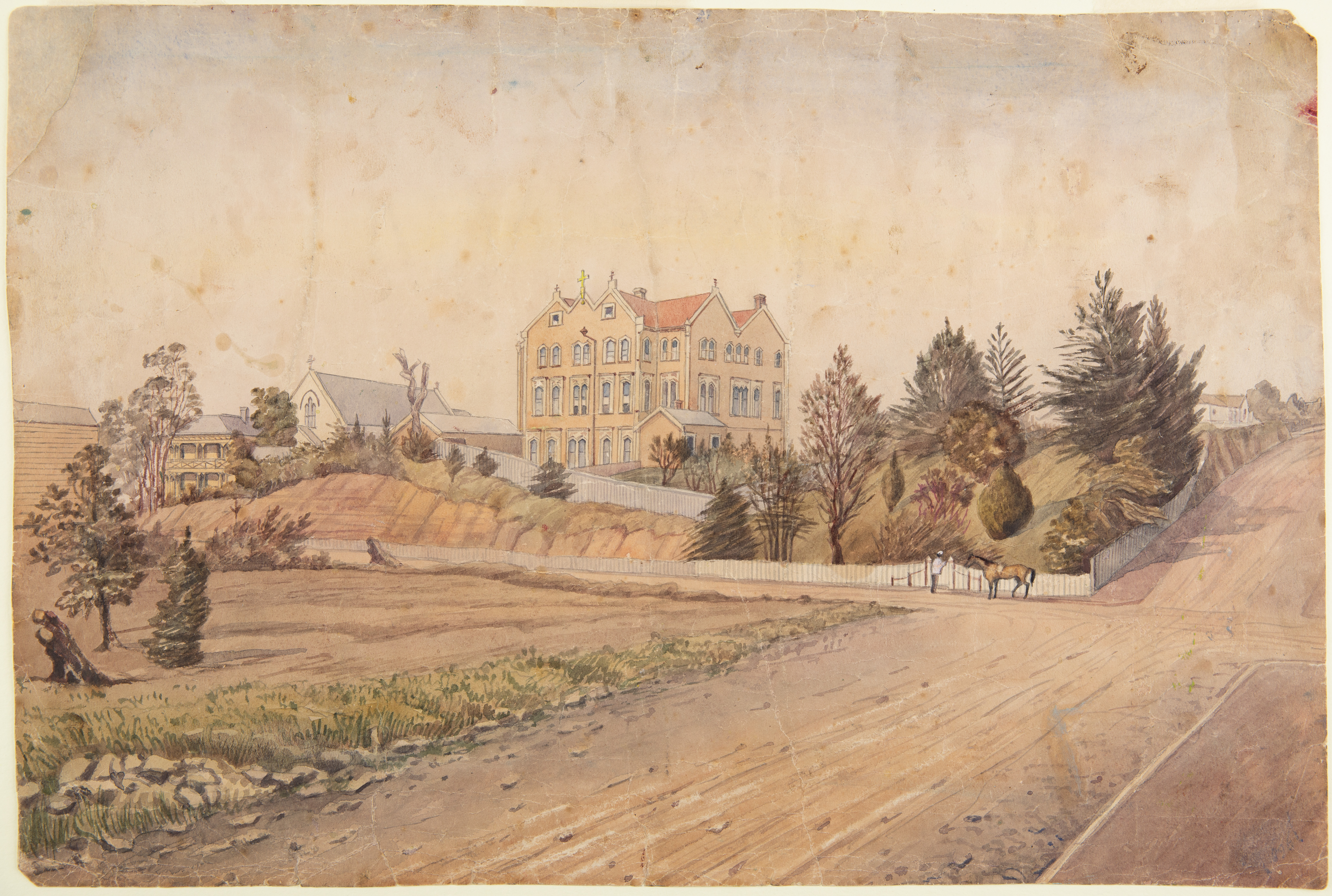 Untitled watercolour depicting the Sisters of Our Lady of the Missions Convent (1896). Christopher Aubrey. Collection of Puke Ariki (A95.785).