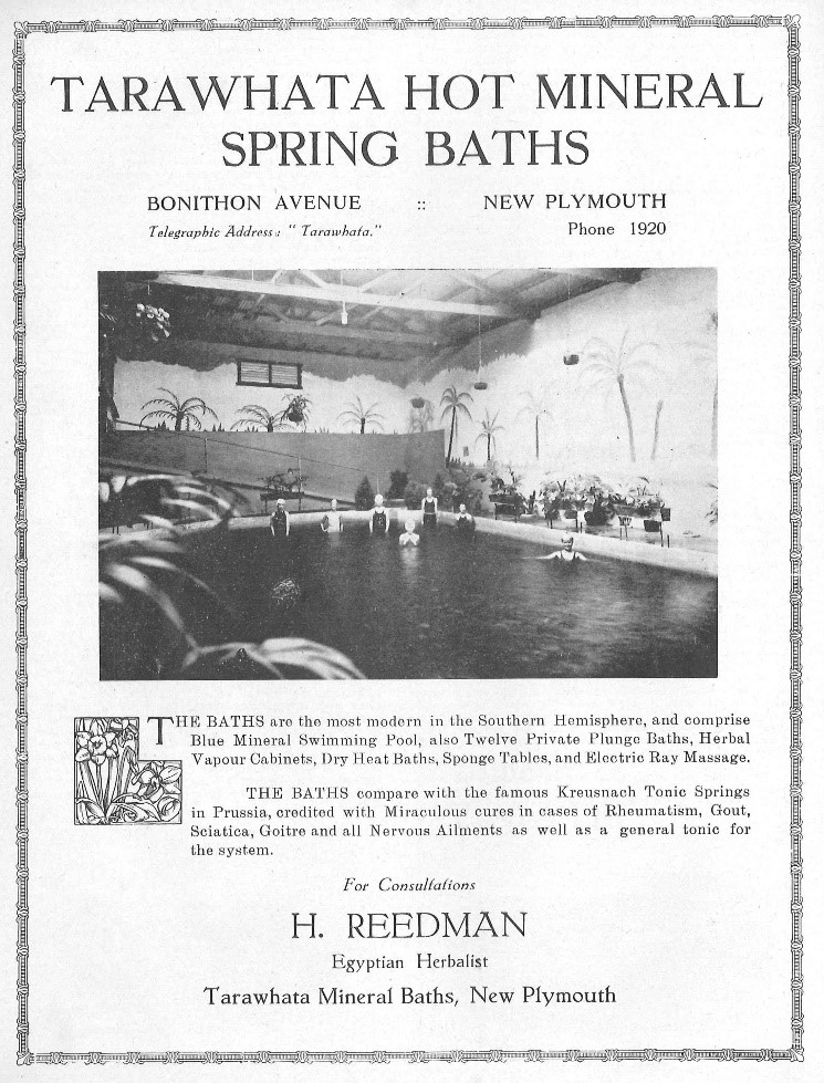 Tarawhata Hot Mineral Spring Mineral Baths (1939) Creator: McLeod & Slade Ltd.  Acquisition Source: 100 Years: A Century of Progress in North Taranaki, NZ. (TRCT993.482 MCL)