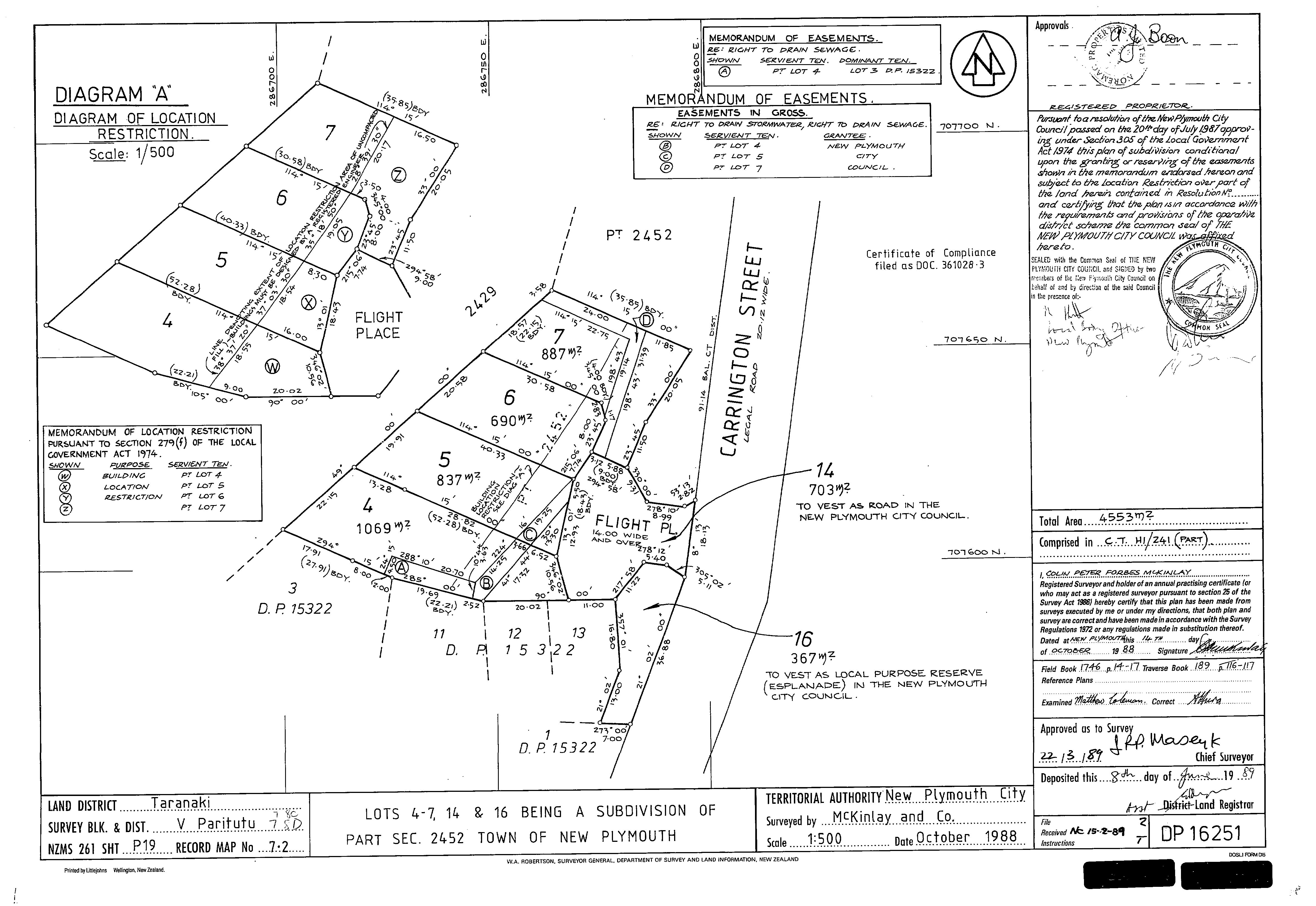 Taranaki DP16251 Flight Place (1989) - ICS Pre 300,000 Cadastral Plan Index (Imaged by LINZ)