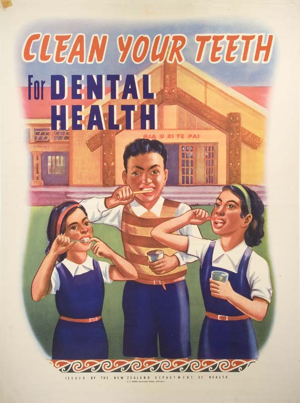 "Clean Your Teeth for Dental Health" poster (1950s). New Zealand Department of Health. Collection of Puke Ariki (A58.332).