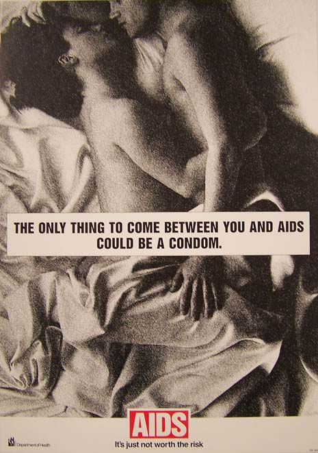 "The only thing to come between you and AIDS is a condom" poster (1992). New Zealand Department of Heath. Collection of Puke Ariki (A62.731).