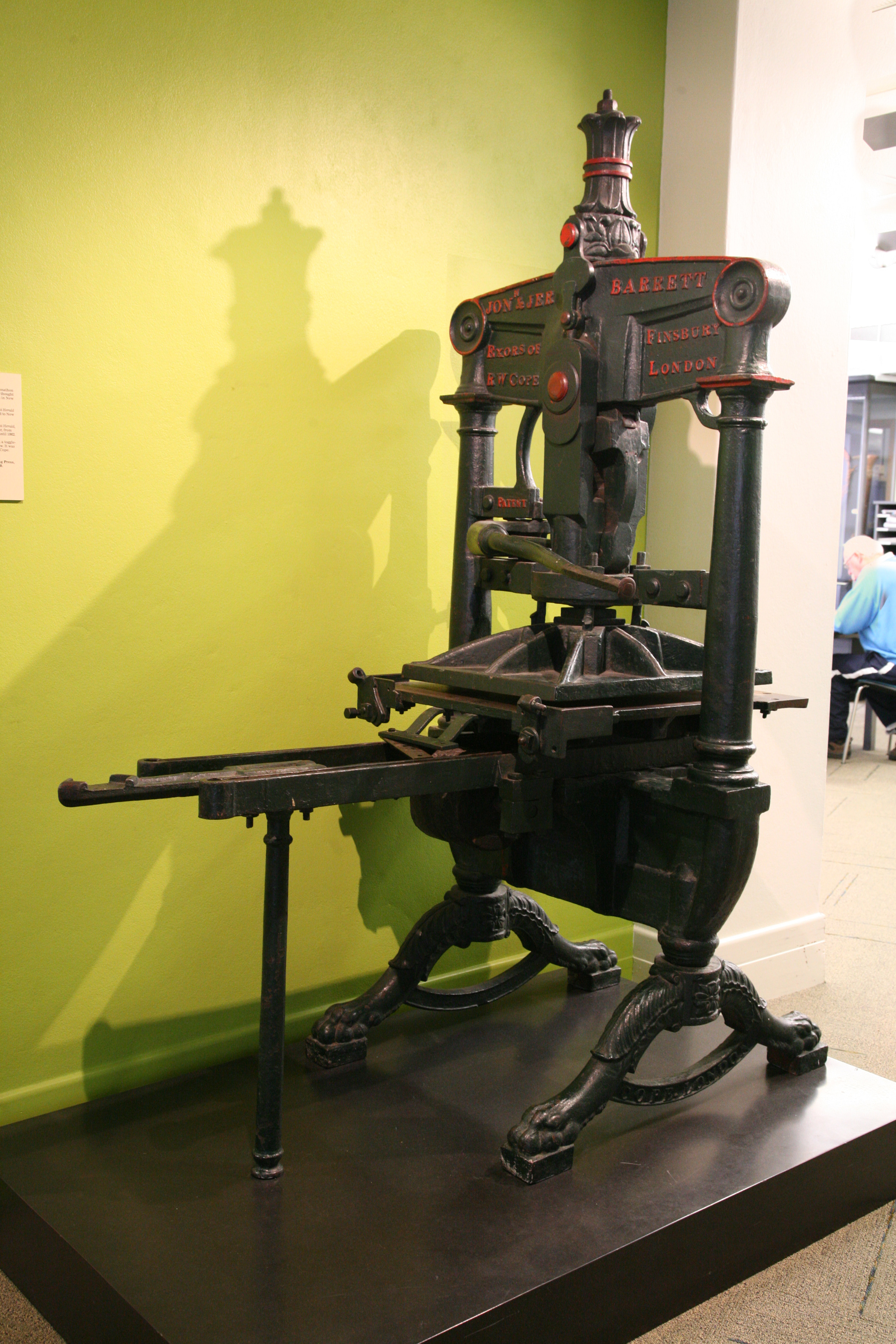 This Albion newspaper press, manufactured by Jonathon & Jeremiah Barrett in London in 1830, was used to print the Taranaki Herald and Gazettes until 1862. Collection of Puke Ariki (A57.358).
