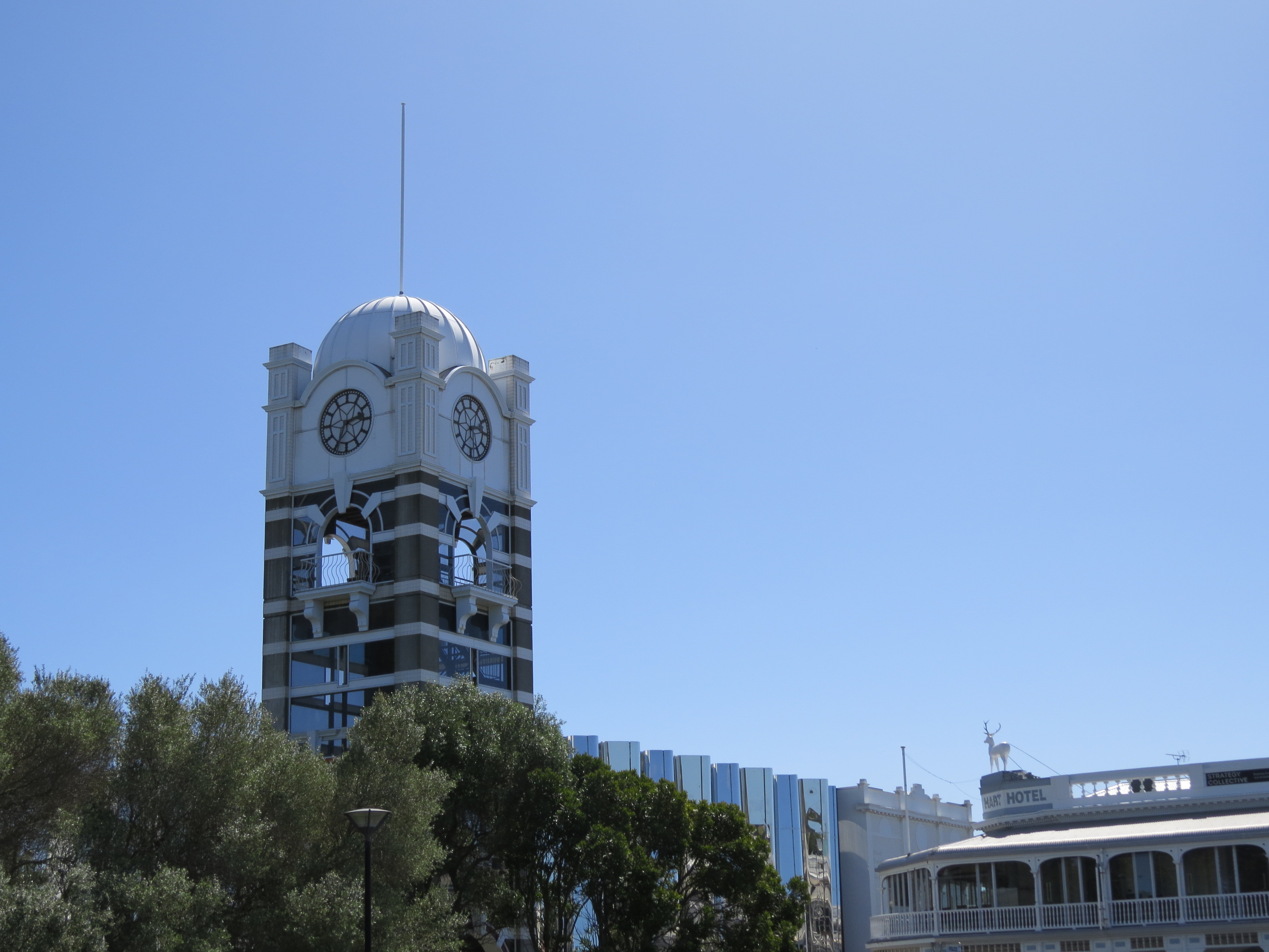 New Plymouth’s replica clock tower with the White Hart Hotel opposite (2022). Rachel Sonius. Taranaki Stories image collection.