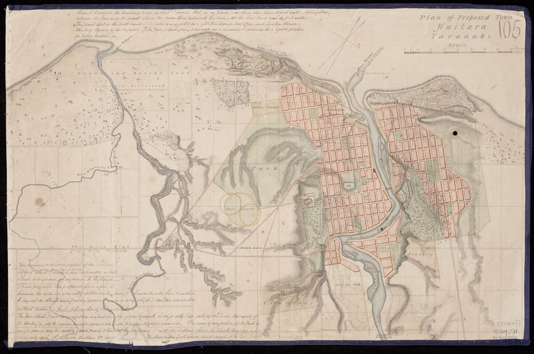 "Plan of proposed town Waitara, Taranaki" (1842). Frederic Carrington. Collection of Alexander Turnbull Library (MapColl-832.299gmbd/[184-]/Acc.22904).