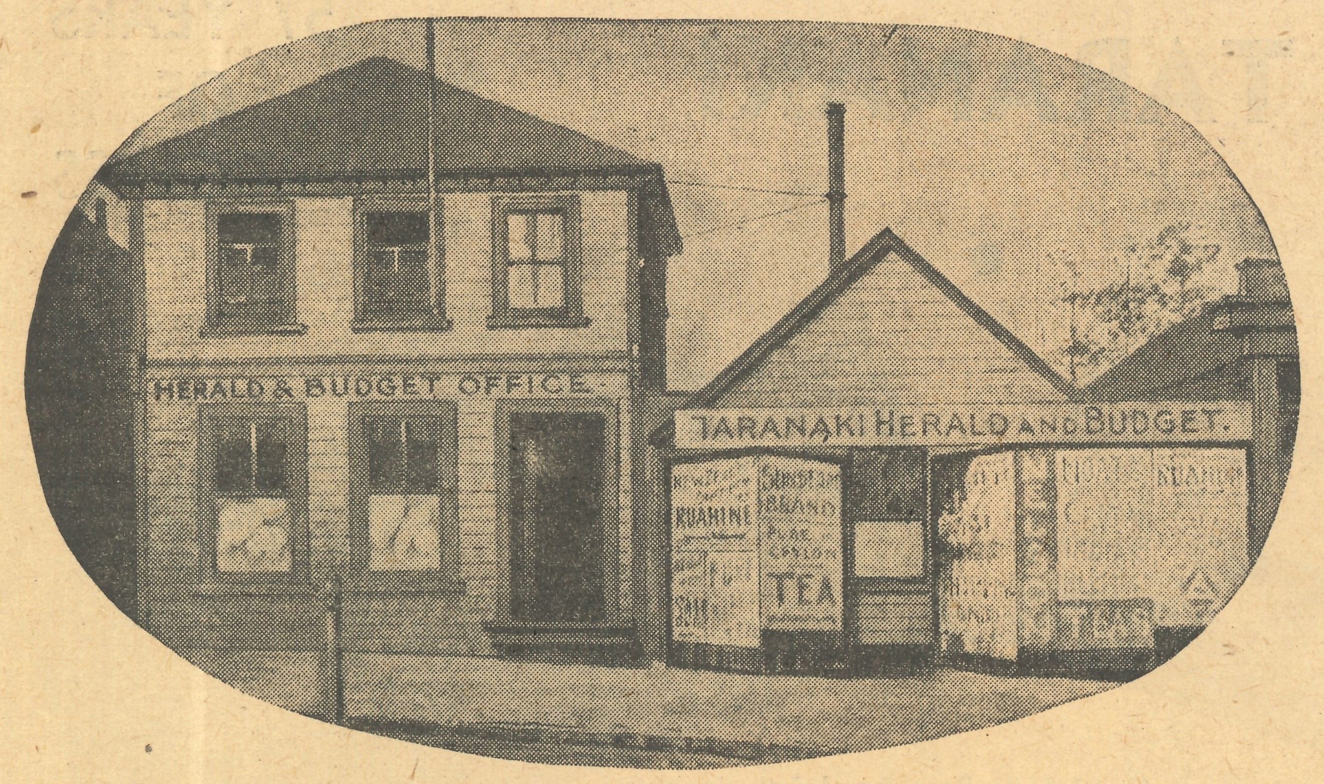 The Taranaki Herald operated out of these premises from 1 October 1859 until 1900, near what is now 12-14 Devon Street East. The Gazettes were printed onsite along with newspapers. Image from "The Taranaki Herald Centennial 1852-1952".
