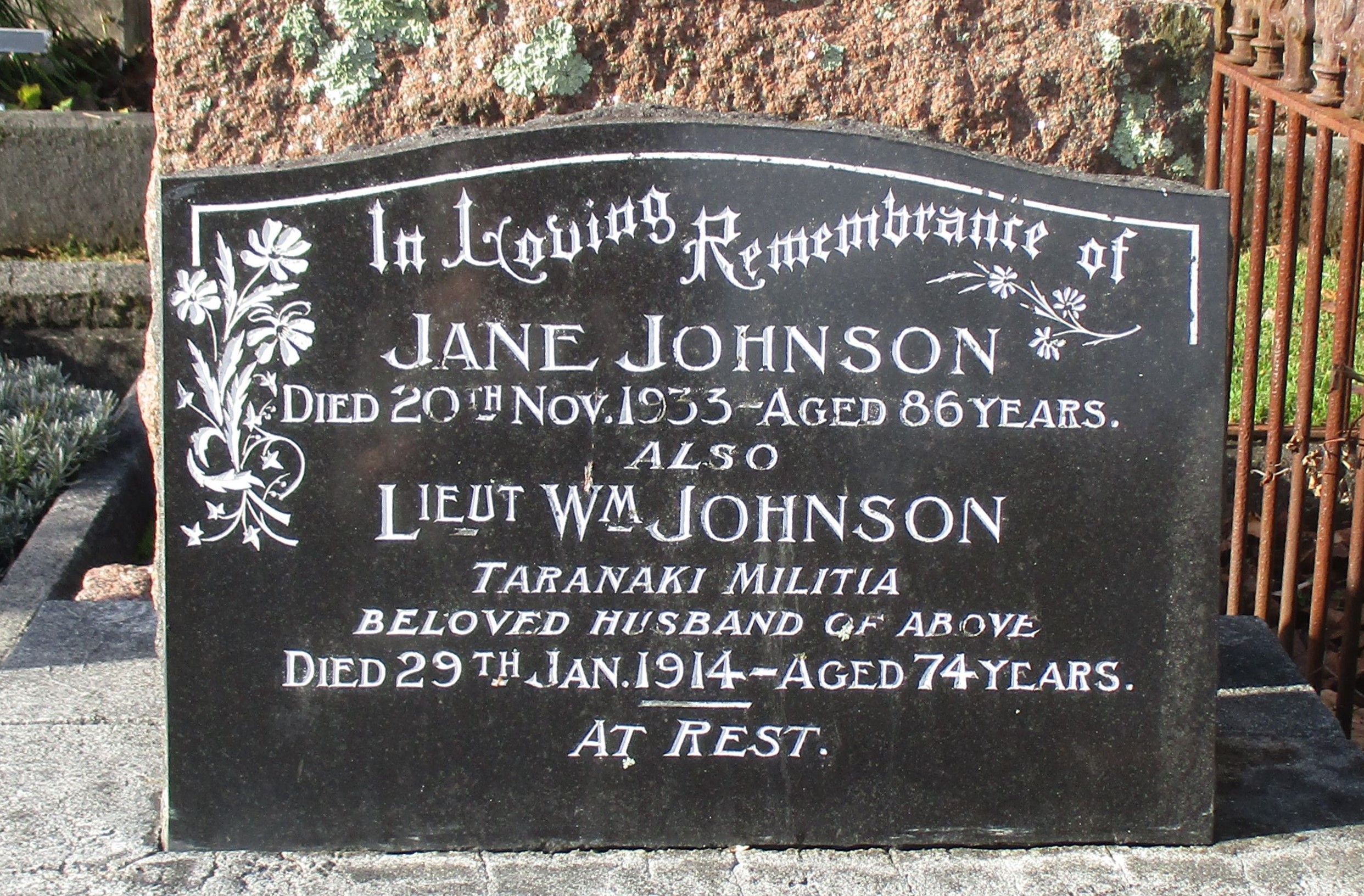 William Johnston (spelled Johnson) is named on his wife's headstone at Te Hēnui Cemetery but is actually buried in Inglewood. Image courtesy of Findagrave.