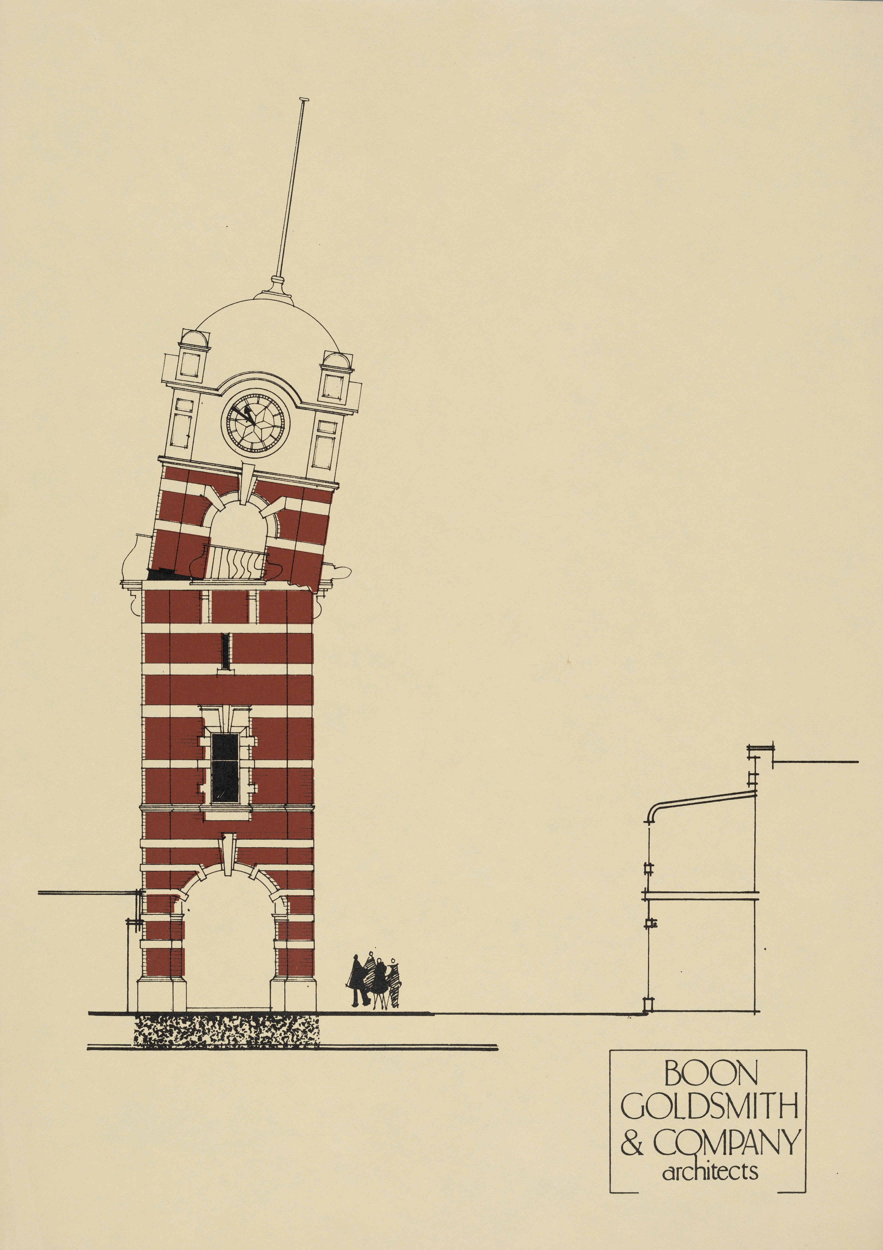 New Plymouth clock tower concept sheet (1984). Boon, Goldsmith & Company. Collection of Puke Ariki (PHO2005-404).