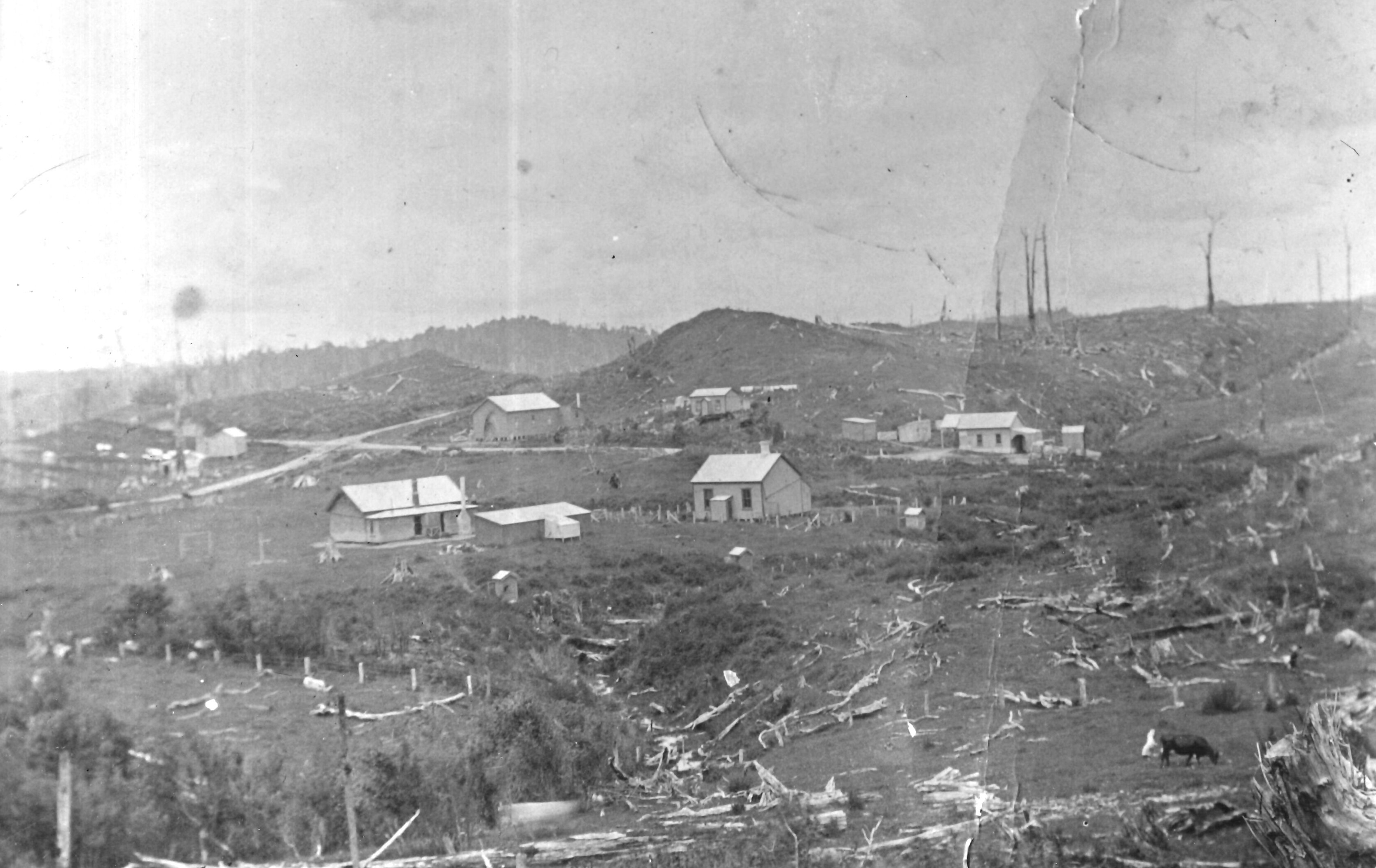 Kaimata in the early 1900s with school buildings in the foreground. Collection of Puke Ariki (B.3.19).