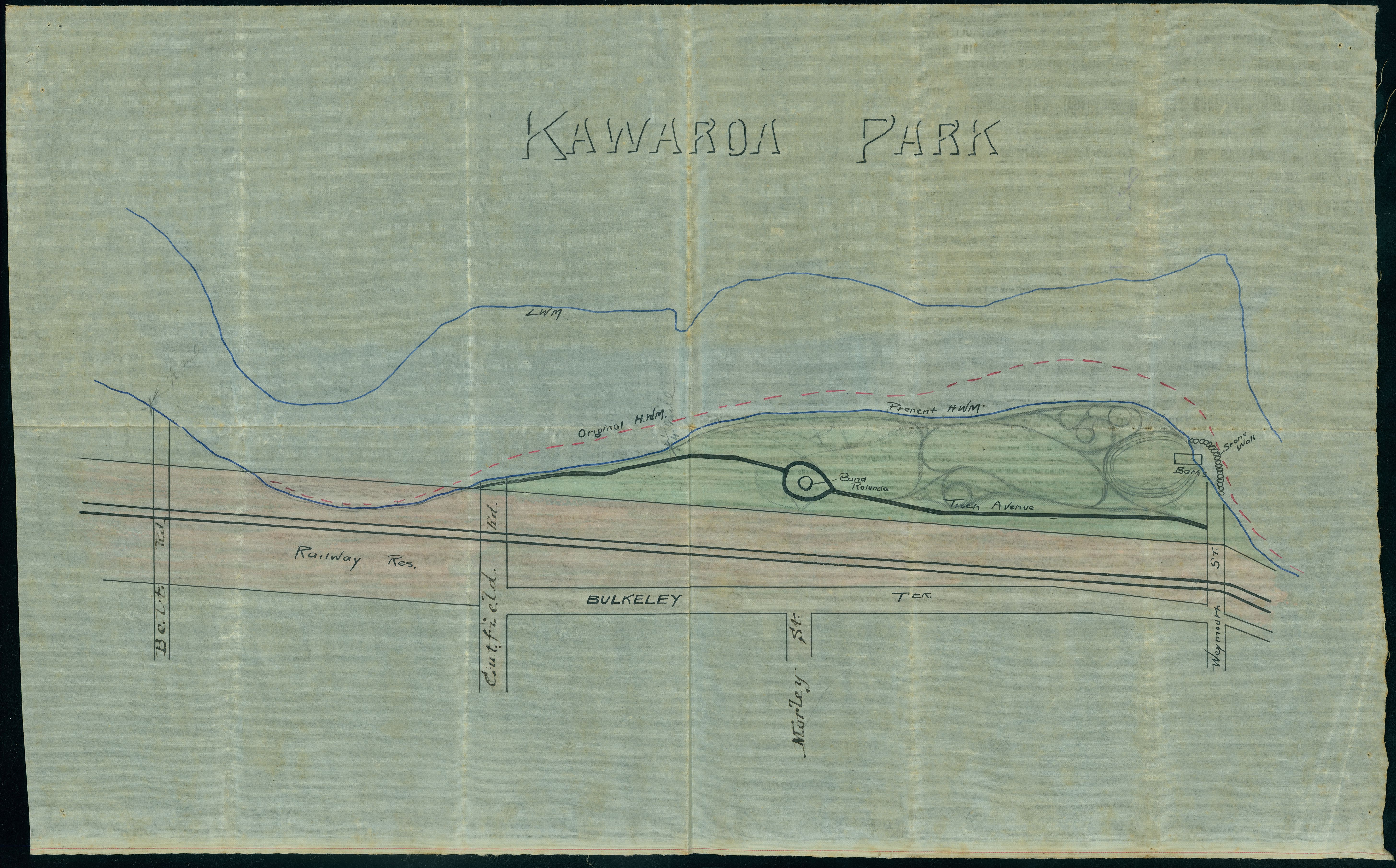 Undated plan of Kawaroa Park showing Tisch Avenue which was created in 1912. Unknown artist. Collection of Puke Ariki (ARC2003-479).