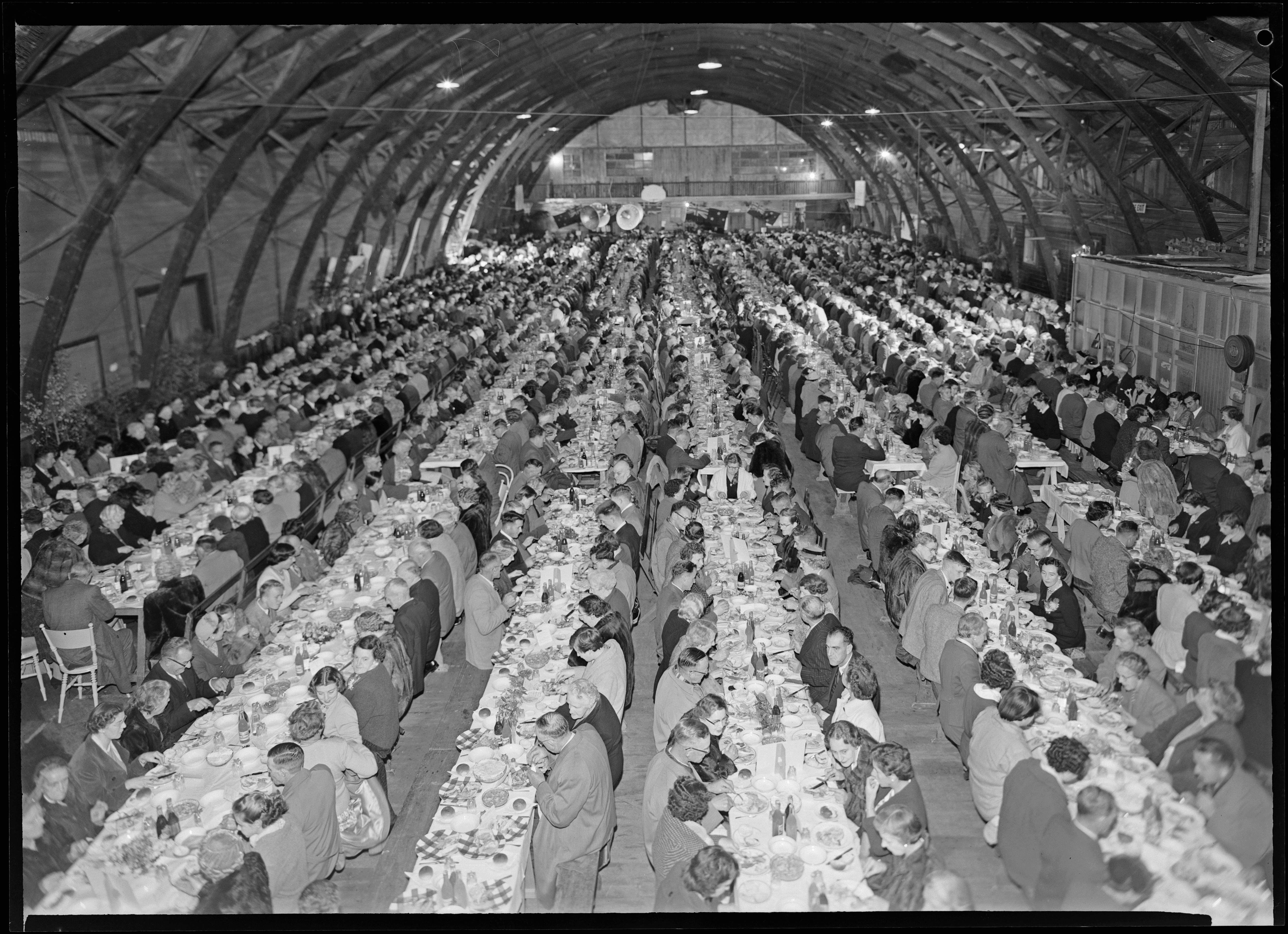 Two thousand parishioners attended a fundraising "loyalty dinner" for St Mary's Church in the Coronation Hall on 17 May 1956. Swainson's Studios. Collection of Puke Ariki (WD.000051).