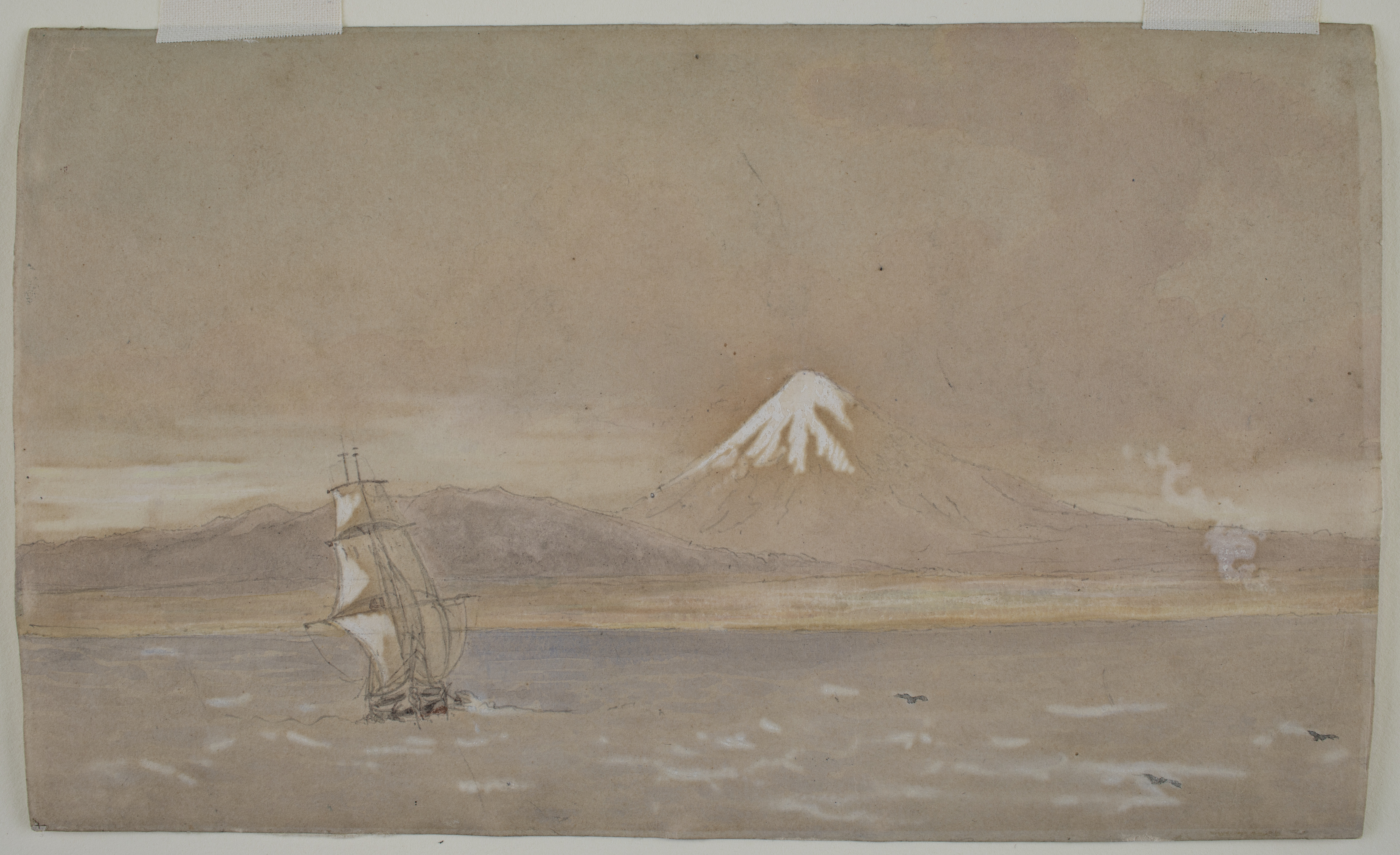 Watercolour depicting the barque "William Bryan" off the Taranaki coast (1841). Edwin Harris. Collection of Puke Ariki (A75.456).
