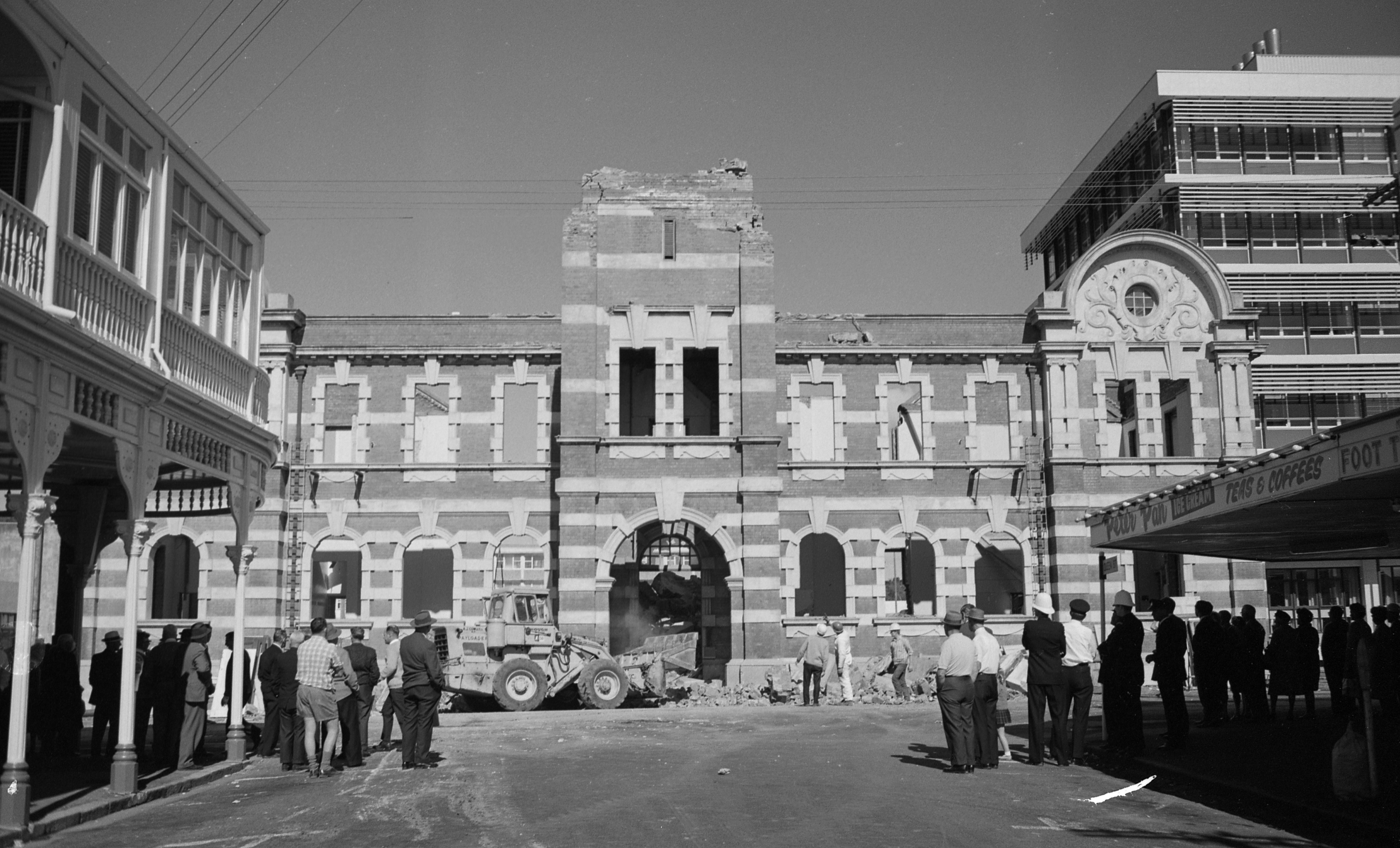 New Plymouth's old post office and clock tower during demolition (10 April 1969). Caleb Wyatt. Collection of Puke Ariki, New Plymouth (PHO2011-2088).