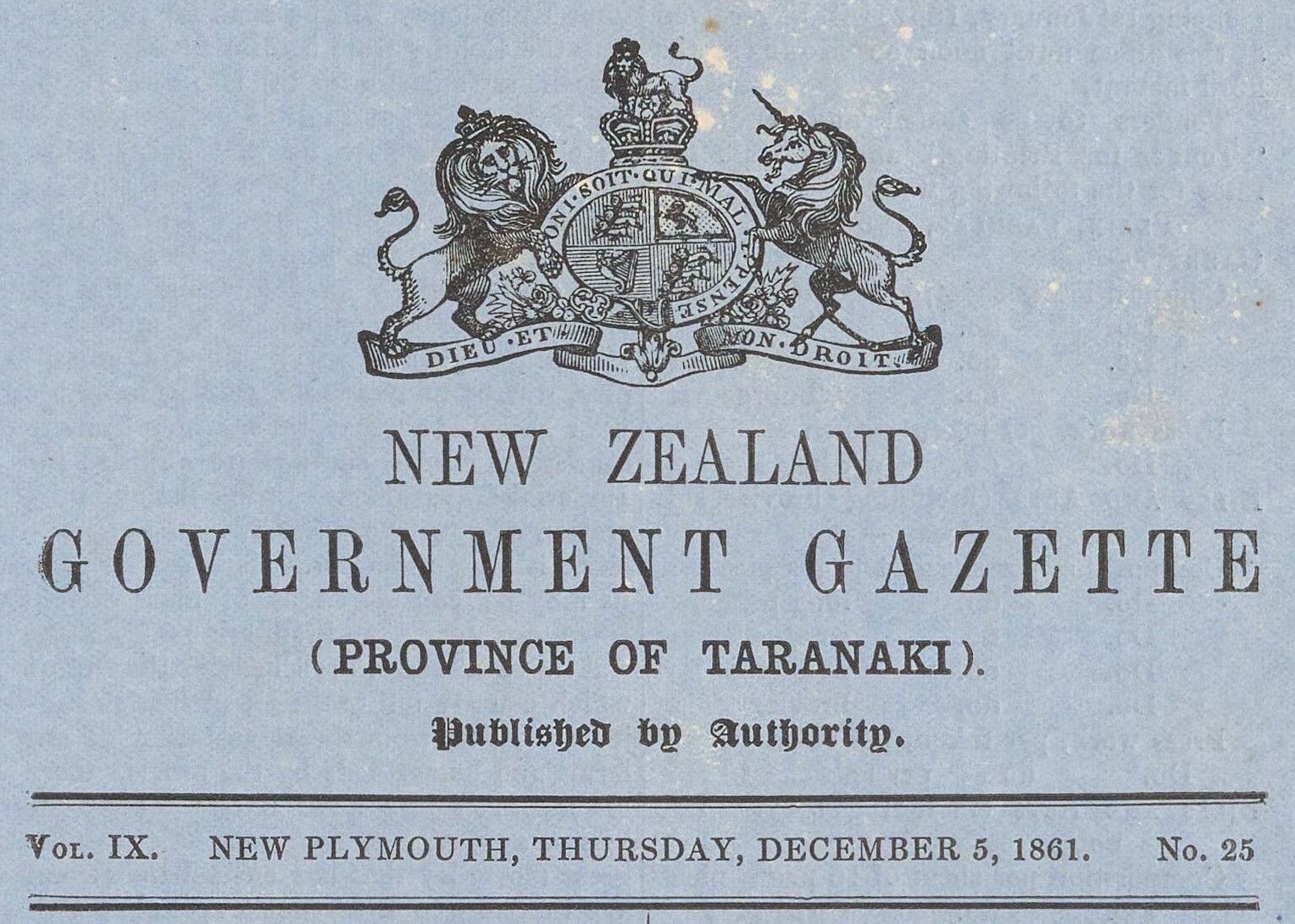New Zealand Government Gazette Province of Taranaki title page Vol.IX No.25 5 December 1861