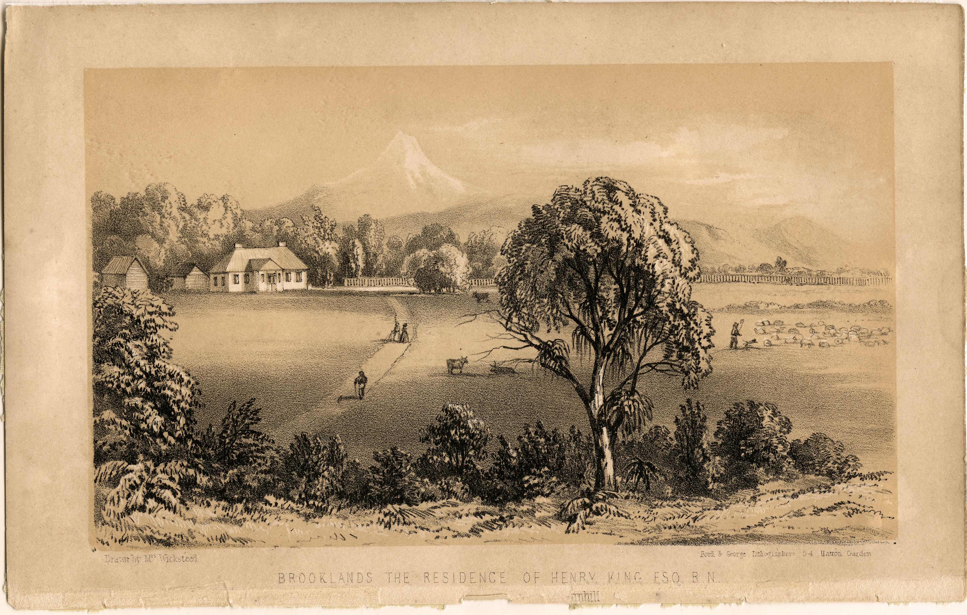 "Brooklands The residence of Henry King Esq R.N." (1849). Emma Wicksteed. Collection of Puke Ariki (A64.055).