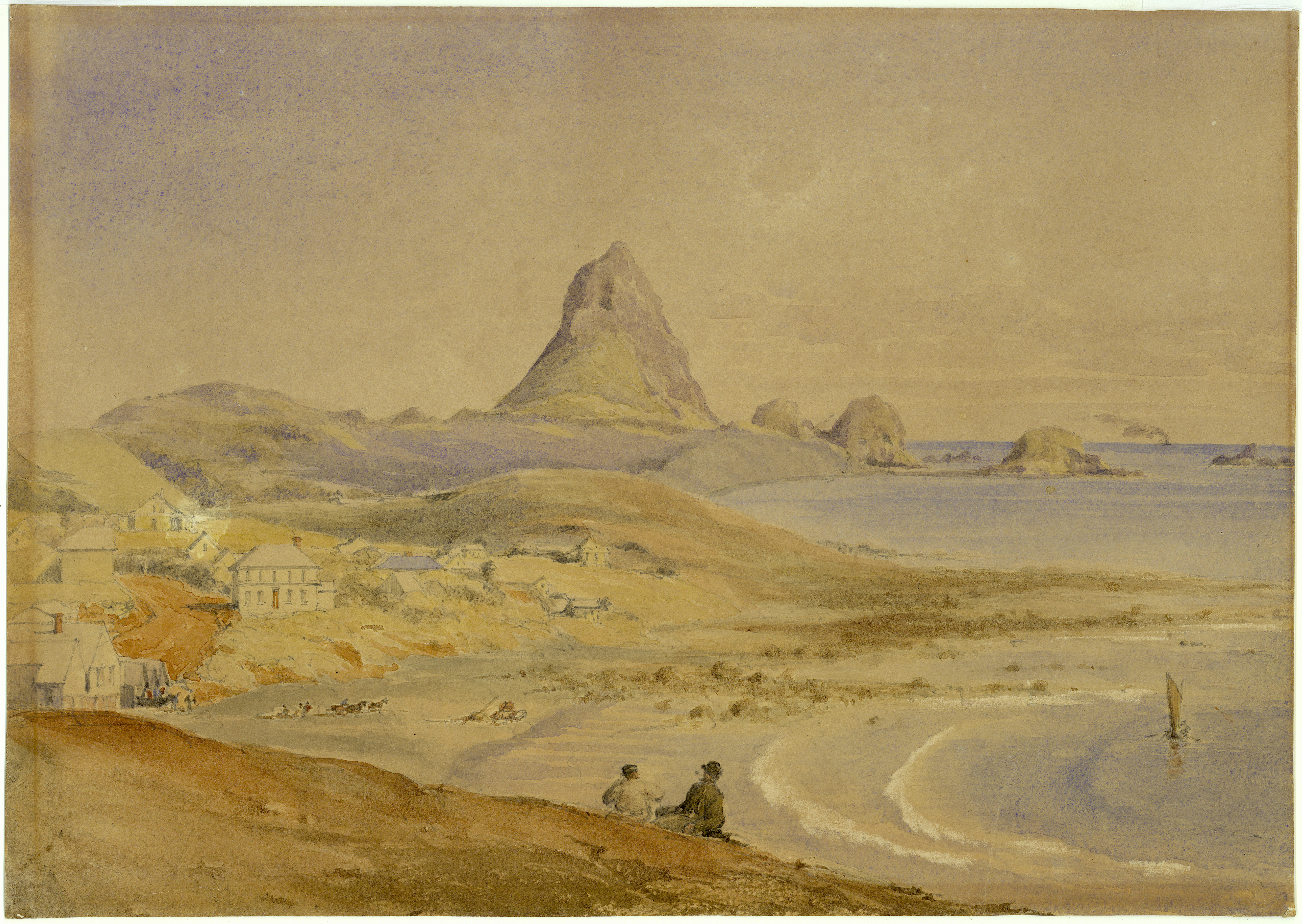 Early view of New Plymouth looking towards Paritūtū (1860s). Hamar Humphrey Arden. Collection of Puke Ariki (TM.1999.049).