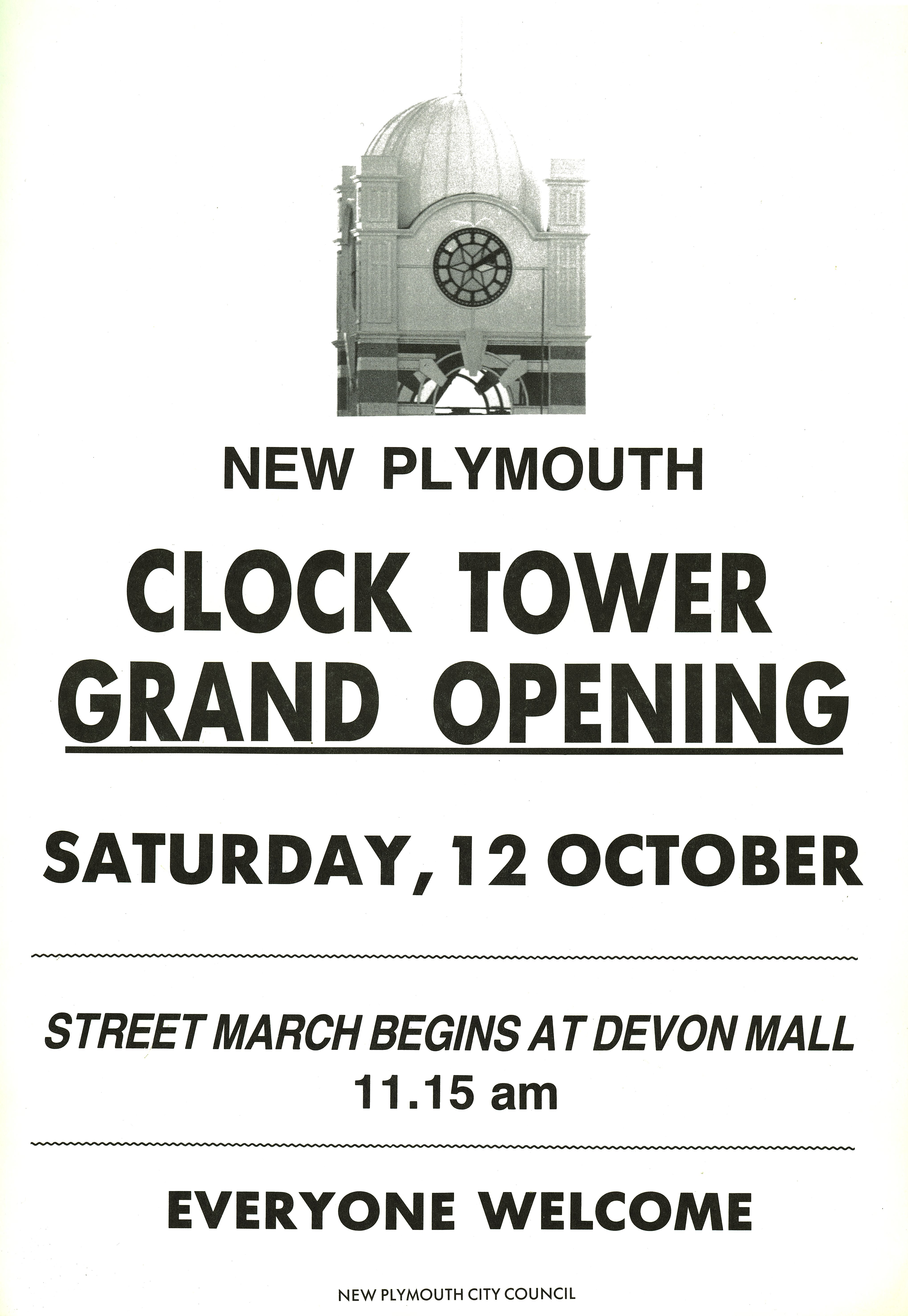 New Plymouth clock tower grand opening poster (12 October 1985). Collection of Puke Ariki (A58.245).